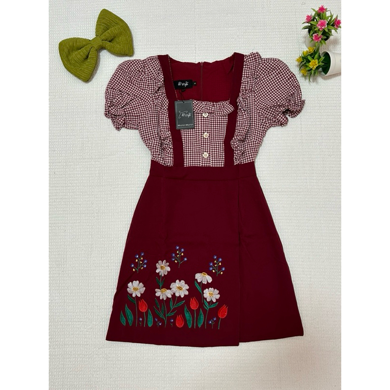 Dress Two-Tone Red Grid Overalls With Ruffled Chest + Skirt With ...
