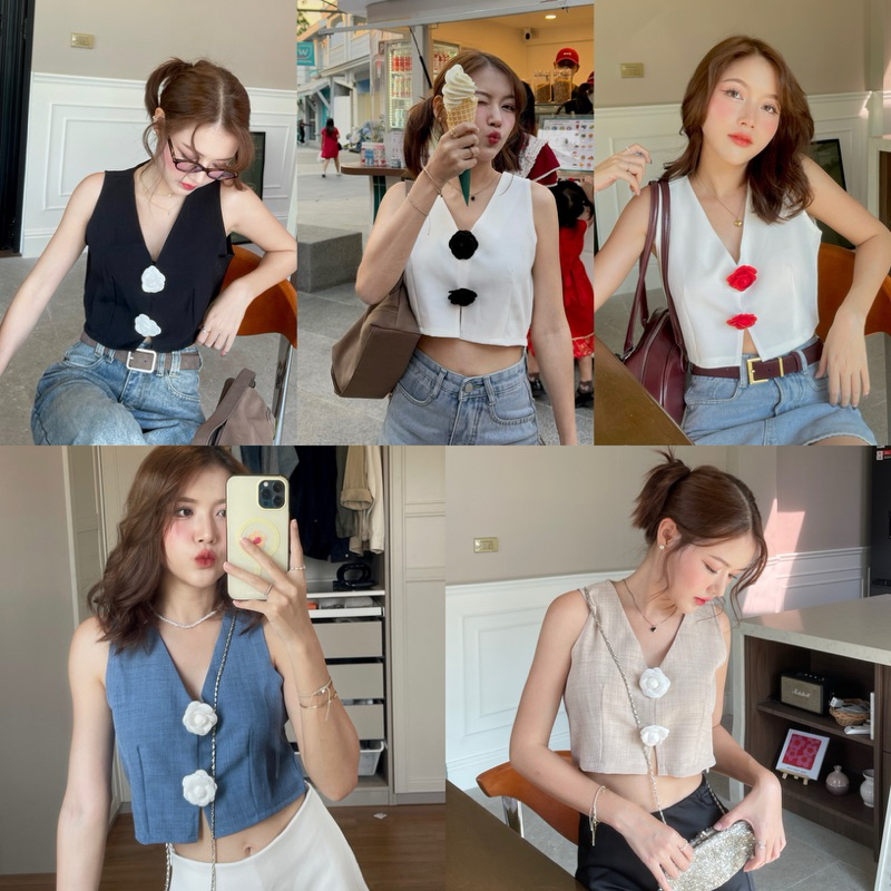 M15- V-Neck Sleeveless Crop Top With Floral Needle Very Cute. Side ...
