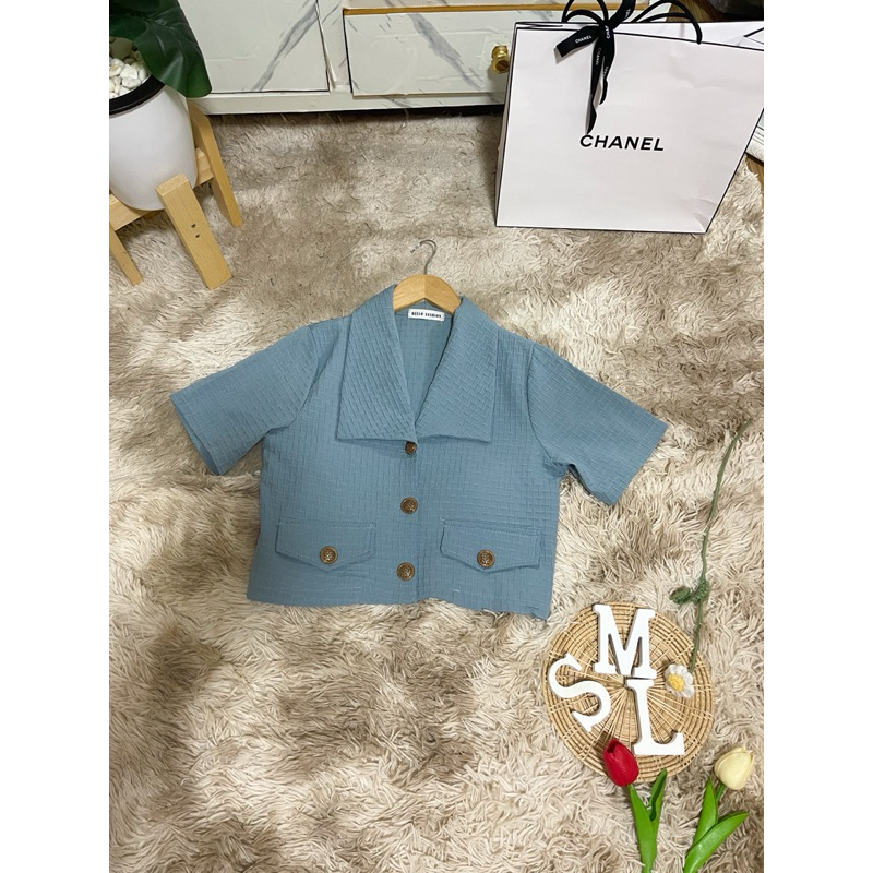 Crop Top Hello Label Work Blue | Shopee Philippines
