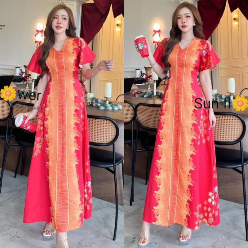 Passion Label Long Dress With Ruffled Sleeves Red Tone | Shopee Philippines