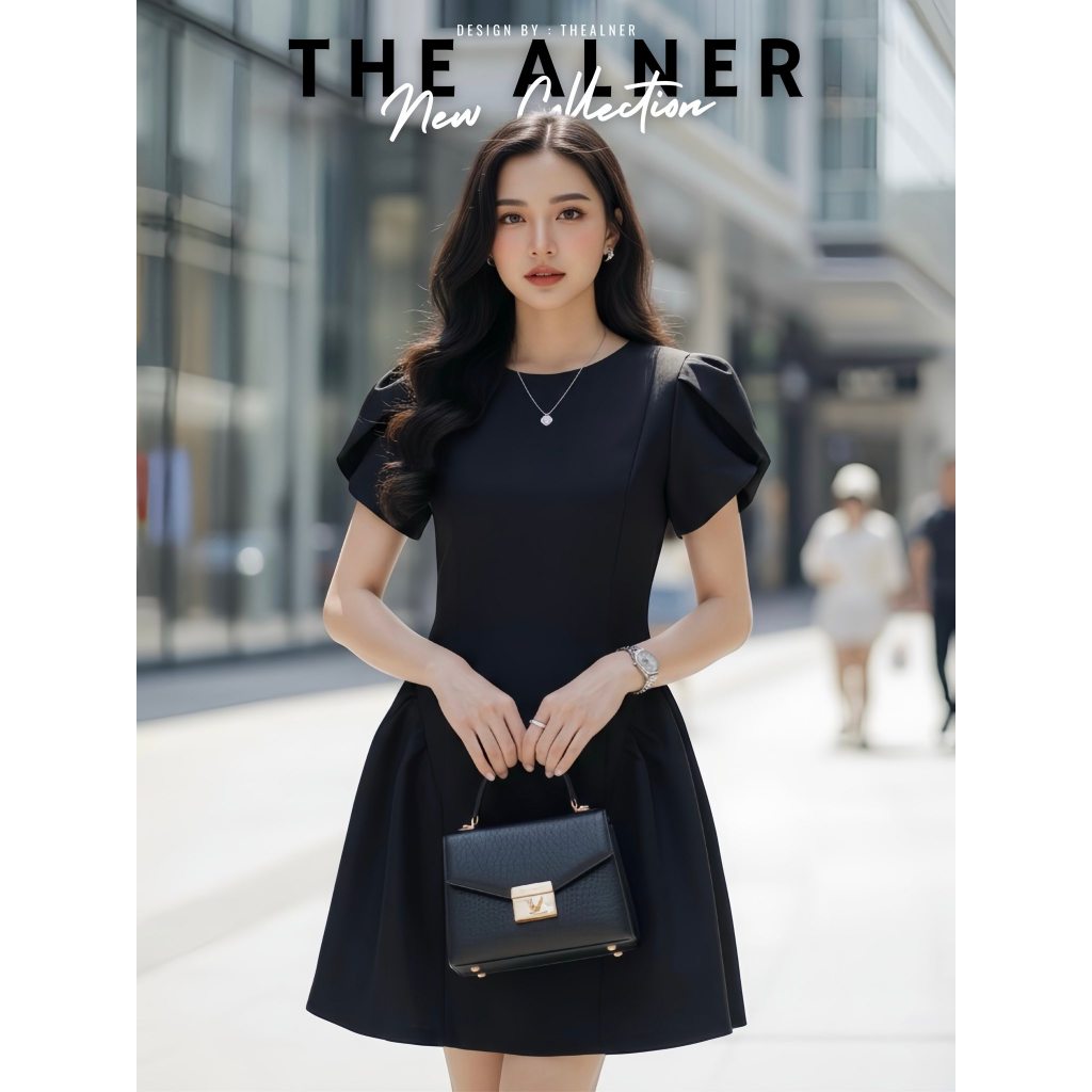 Thealner-AN155 (Black Dress With Round Neck And Lotus Petal Sleeves ...