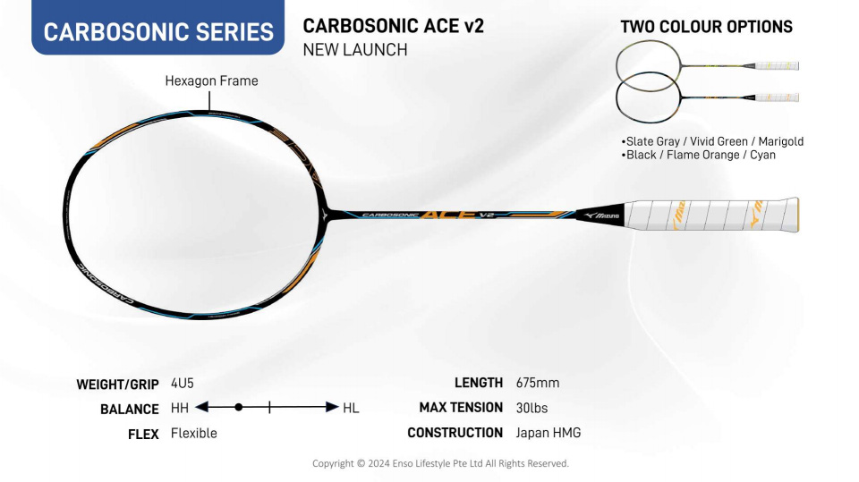 Mizuno Badminton Racket Carbosonic ACE V2 4UG5 With Strings And Bag ...