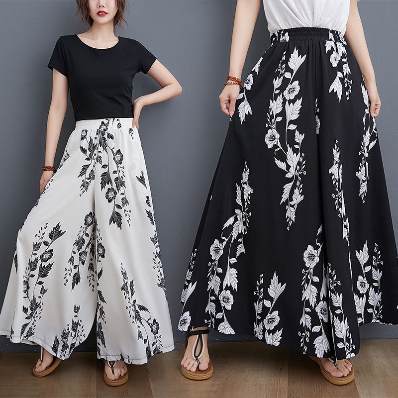 Elasticity Flower Print Pockets Loose Wide Leg Pants Culotte