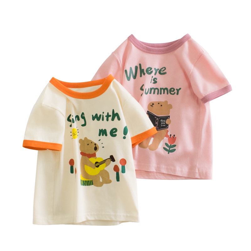2023 New Summer Short-sleeve T-shirt for Girls, Casual Stylish Cute Bear  Design for Toddler and Kids