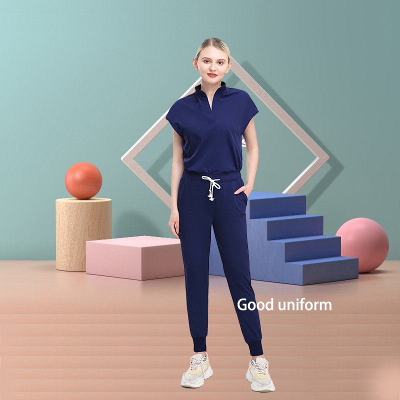 Women's Scrub Set Stand Collar Top & Jogger Pants, PolyesterRayon