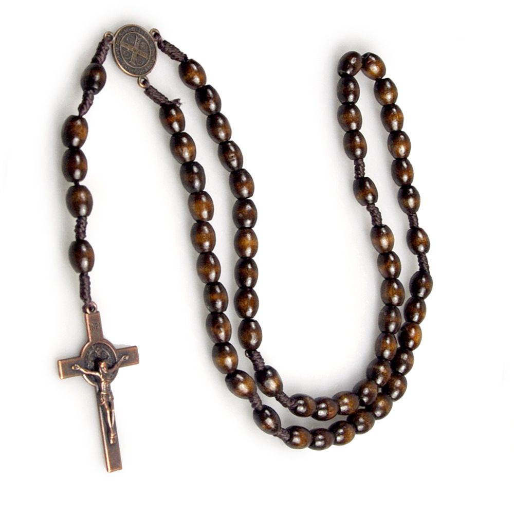 Wood Beads Chain St Benedict Medal Crucifix Cross Rosary Necklace ...