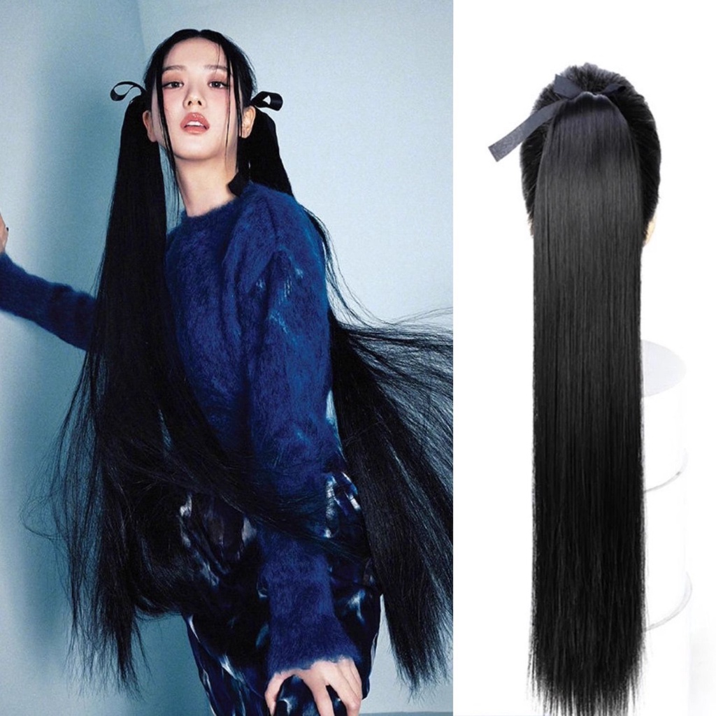 Jisoo Contrast Style Straight Hair Extra Long Double Ponytail Wig ...