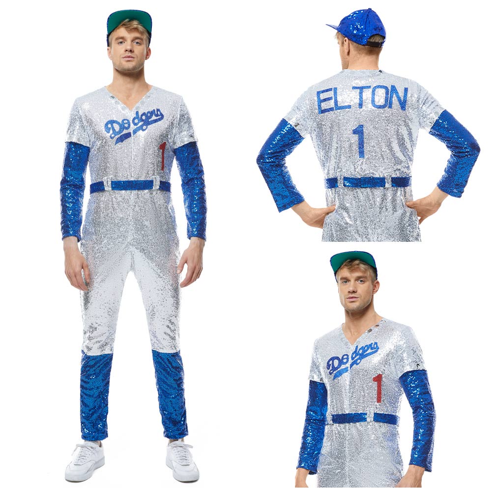 ♪rocketman Elton John Dodgers Cosplay Costume Baseball Uniform Jumpsuit Cap Full Set Adult Boys 4013