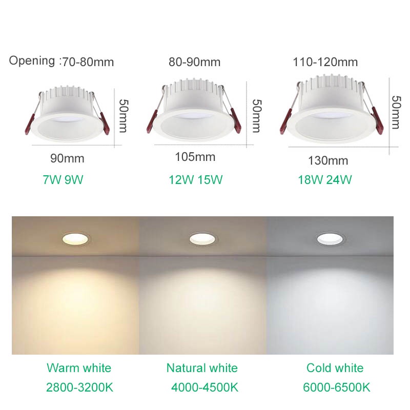 Round Anti-Glare Led Recessed Downlights 7w 12w 18w Hole Size 7cm 9cm ...