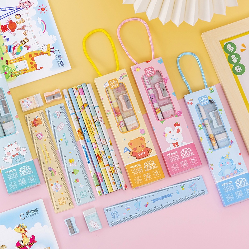 Combo of 2 pencils, 1 eraser, 1 pencil sharpener, 1 ruler, Combo bag of ...
