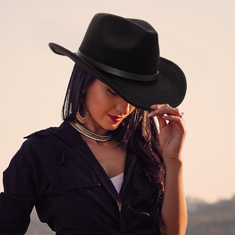Western Cowboy hat monochrome felt hat men and women big brim outdoor hat knight hat Gentleman Lady Jazz With Leather Cloche Church Sombrero Caps