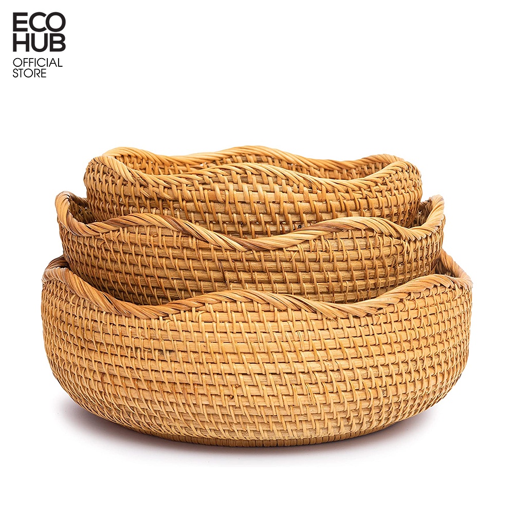 Ecohub Round Rattan Basket Set For Fruit, Storage, Bread, Wavy Edges