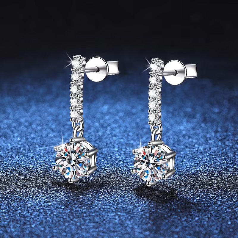 S925 Sterling Silver Women Dangling Earrings Plated With Platinum Real Moissanite Diamond D