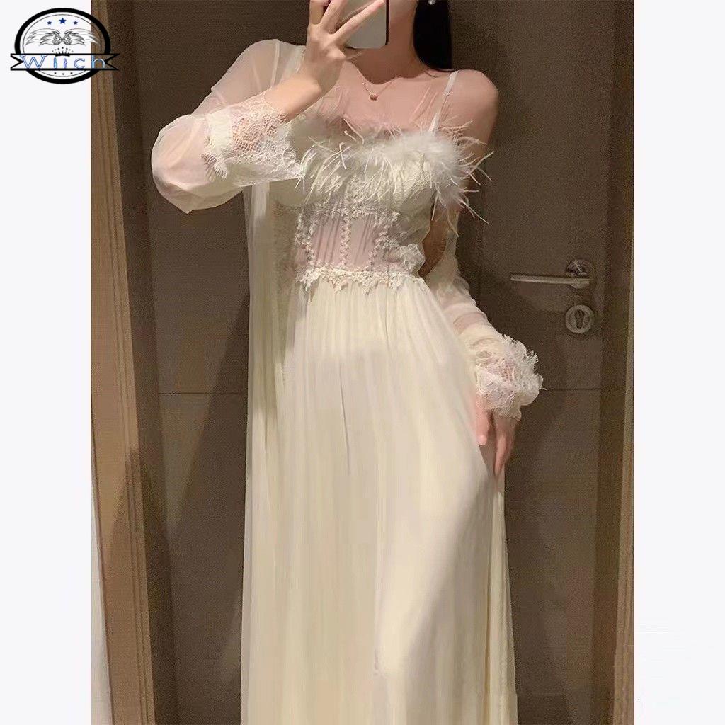 Feather Bridal robe Silk ice silk pajamas Lace Plush Robe Morning ...