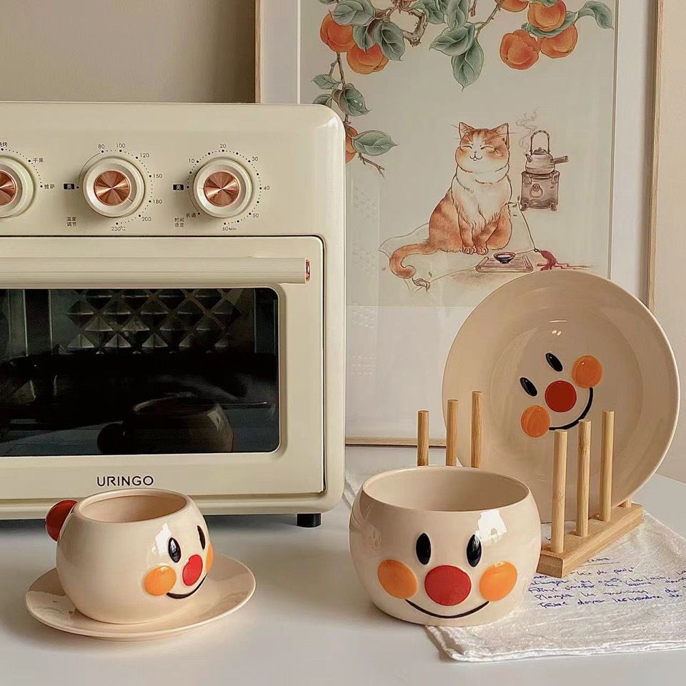 Japanese Vintage Cute Smiley Face Coffee Cup Saucer Ceramic Salad Bowl