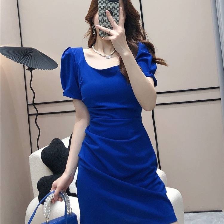 royal blue dress Chic Fashion Klein Blue A line Skirt High Waist Pleated Slim Fit Bubble Sleeve Dress Women s Summer New Style Shopee Philippines