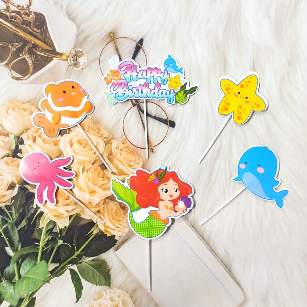 Birthday Cake Decoration Accessories HPBD Mermaid Paper Plug Set ...