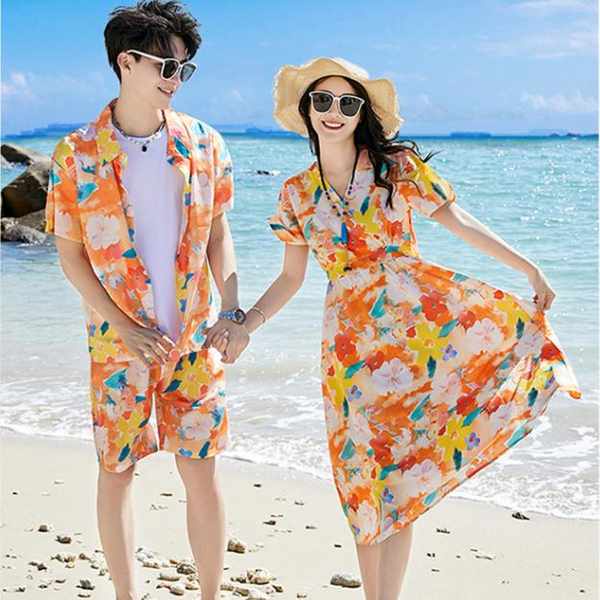 hawaiian outfit for women hawaiian outfit Hawaiian Long Dress Couple Shirt Sanya Beach Photo Super Fairy Dress Island Dress Men s Beach Set Large