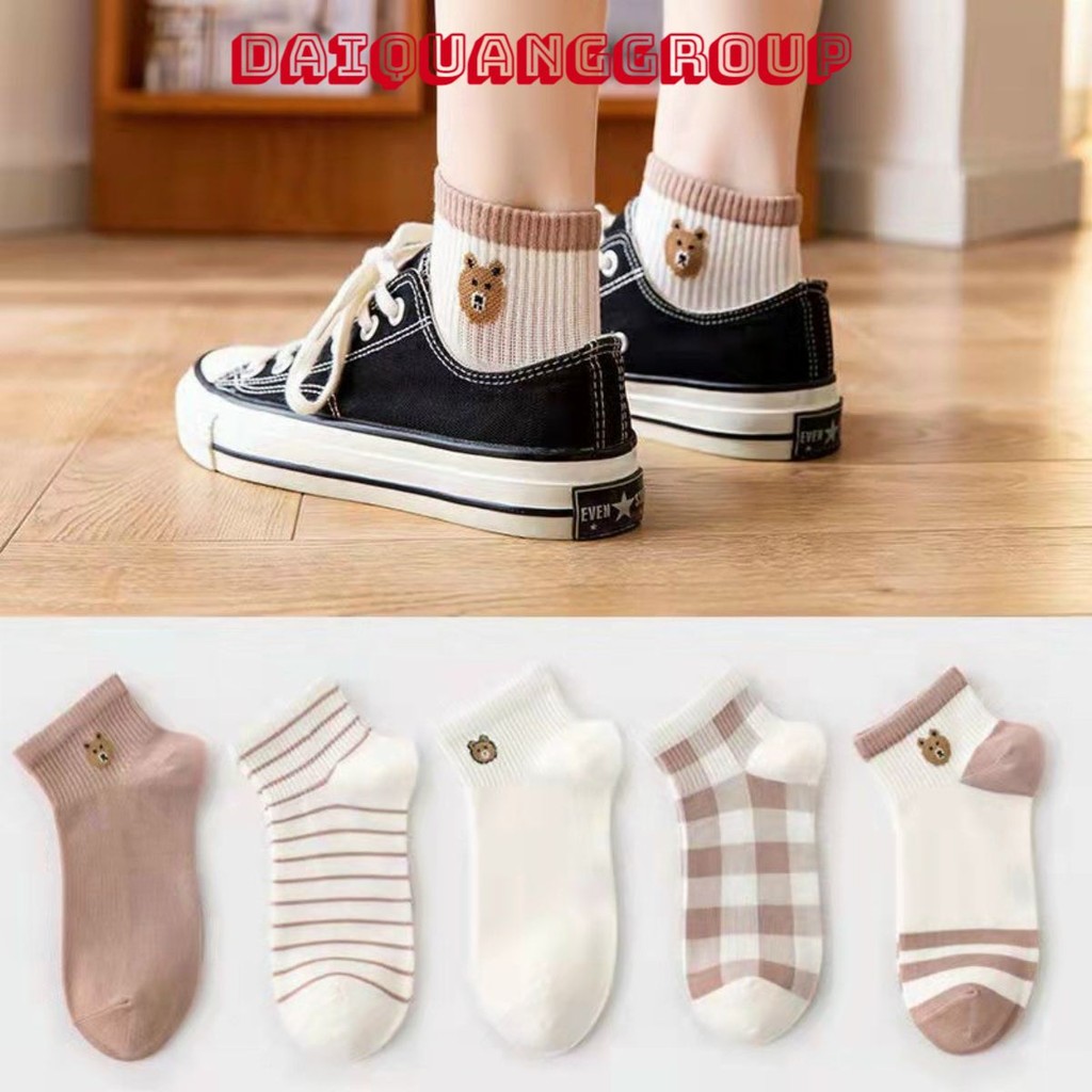 (Set of 5 pairs of socks) Short socks with cute Vintage striped ...