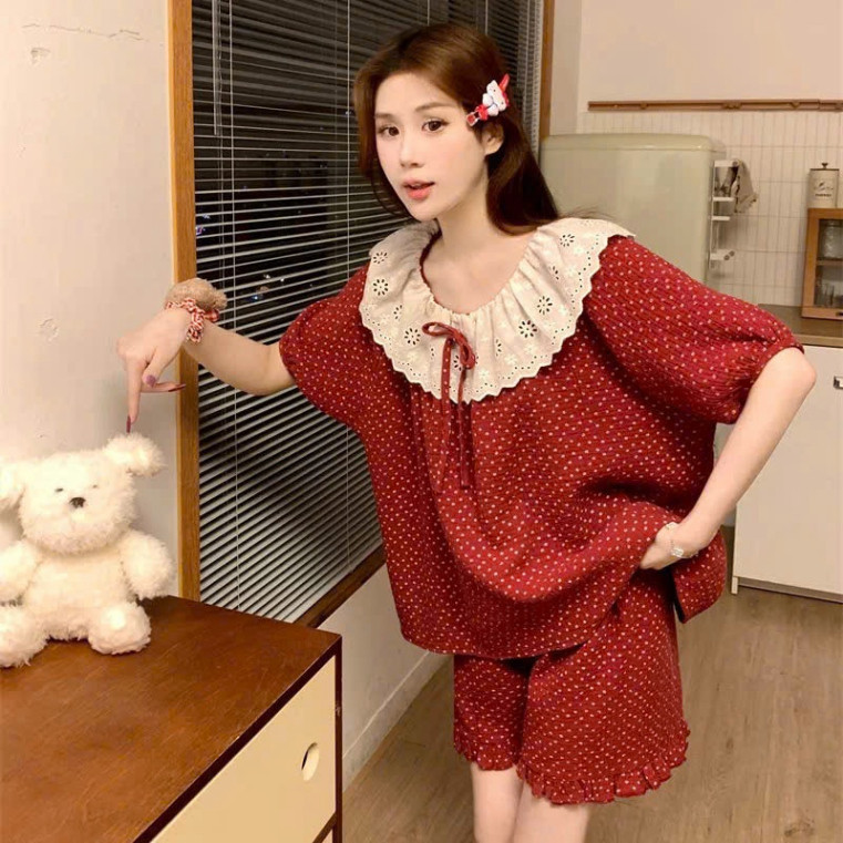 Super Cute Floral Lace Ruffle Neck Blouse Set with Shorts, Flattering ...