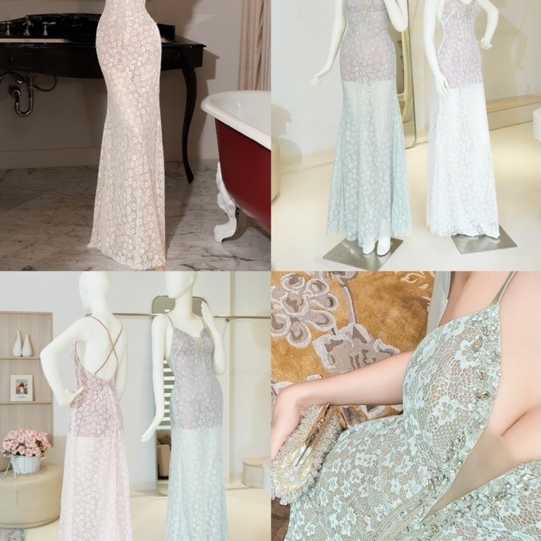 Long fishtail lace dress with chest slit and luxurious sparkling stone ...
