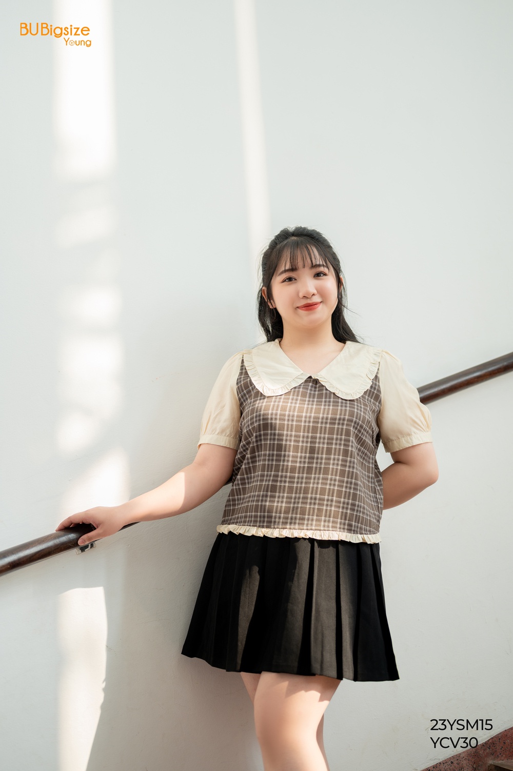 BIGSIZE short-sleeved beige plaid shirt - 23YSM15 - [BU Bigsize Young ...