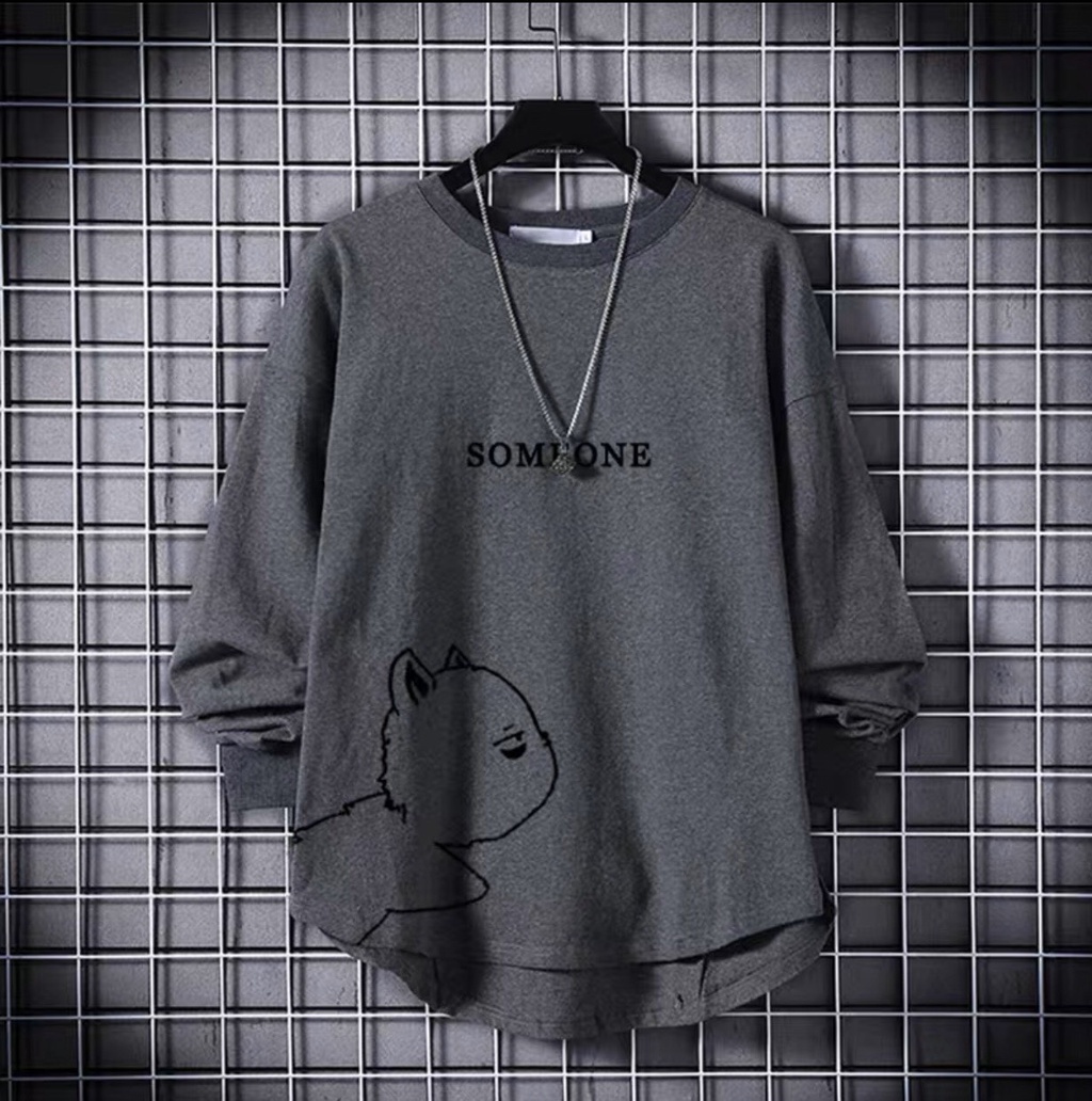 Men's LongSleeved Round Neck Tshirt with Cat Pattern and Letter Print