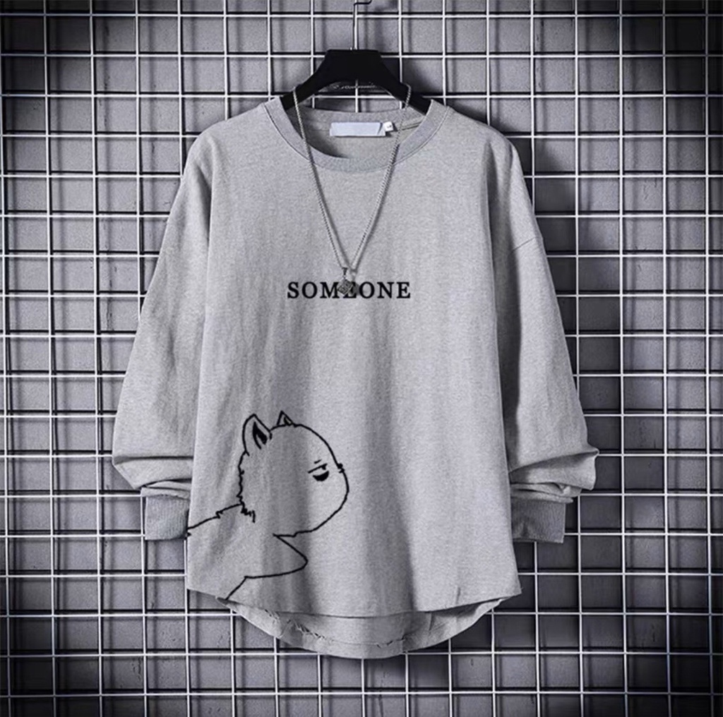 Men's LongSleeved Round Neck Tshirt with Cat Pattern and Letter Print