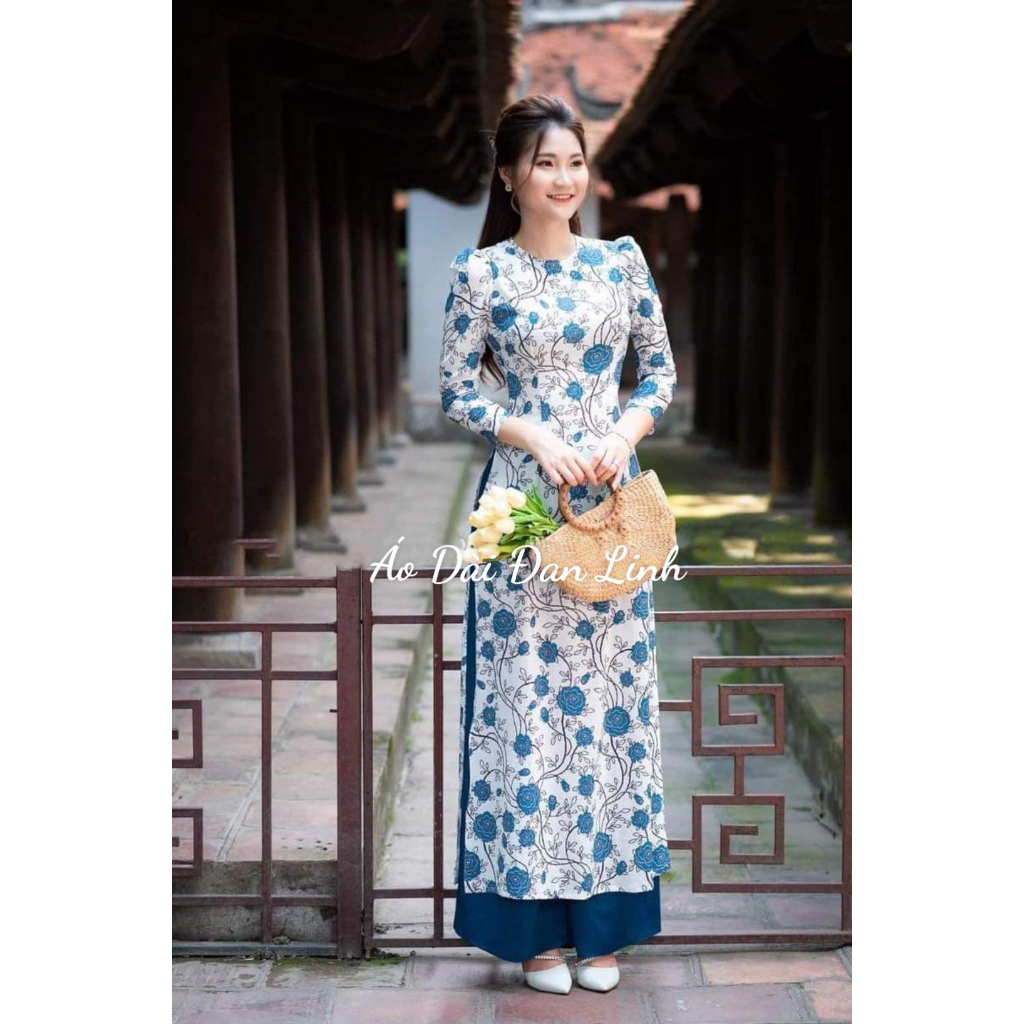 3d Printed Ao Dai With Blue Flower Pattern In White Color With Round Neck Knit Linh Ao Dai