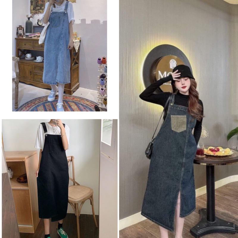 Big Size Long Jean Overalls Dress with Split Sides in 3 Colors | Shopee ...
