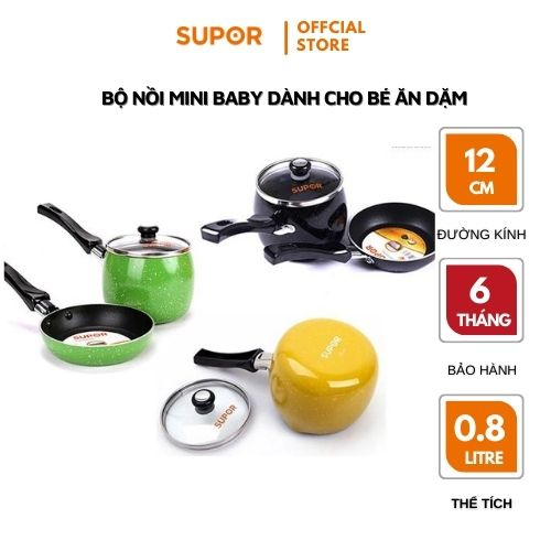 Supor nonstick baby pot and pan set with glass lid, 10cm pot, 12cm pan