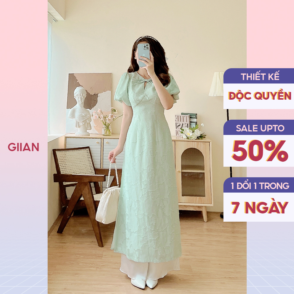 Genuine Giian modern ao dai with puff sleeves and embossed pattern ...