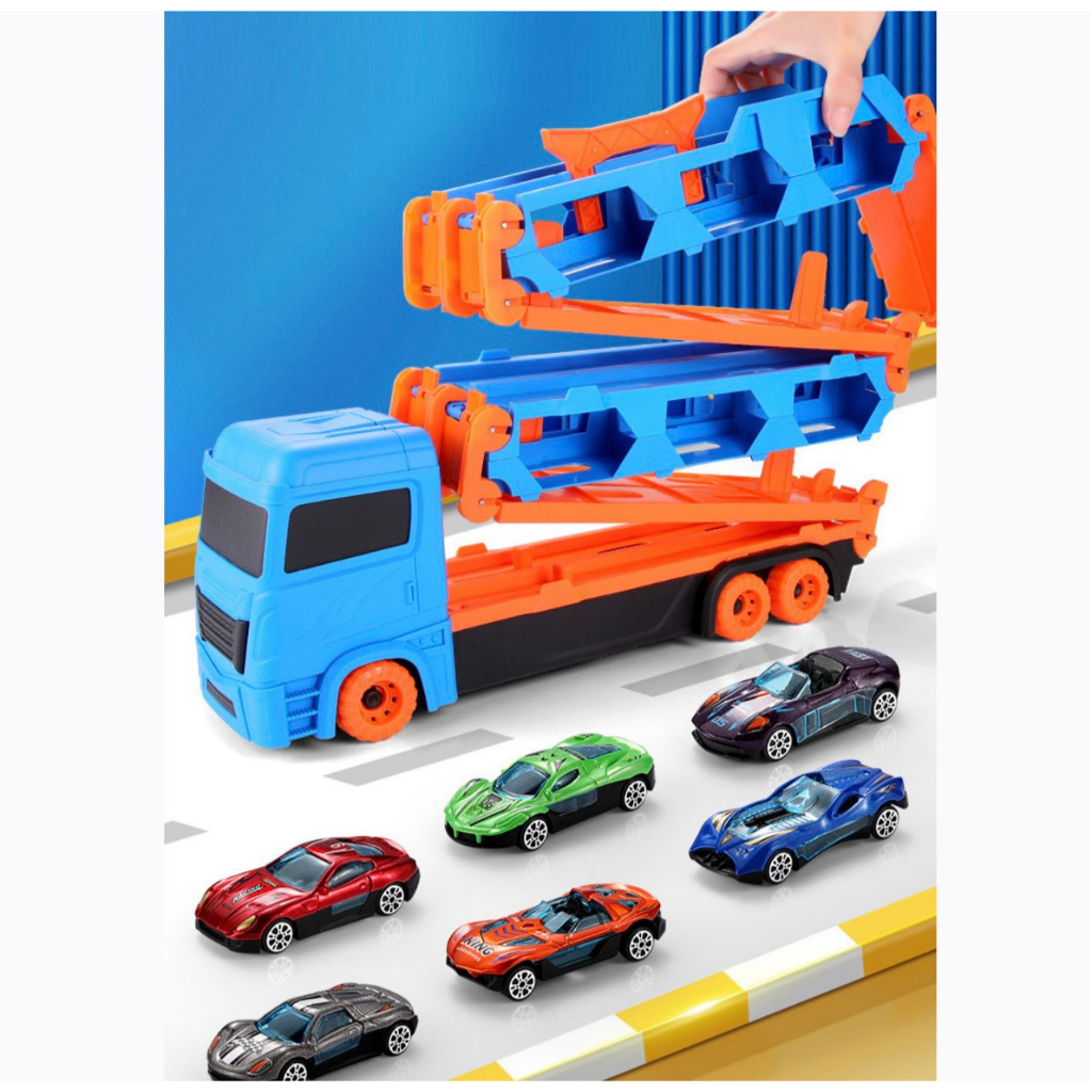 2-story toy truck with 6 small racing cars with 1m65 long tracks that ...