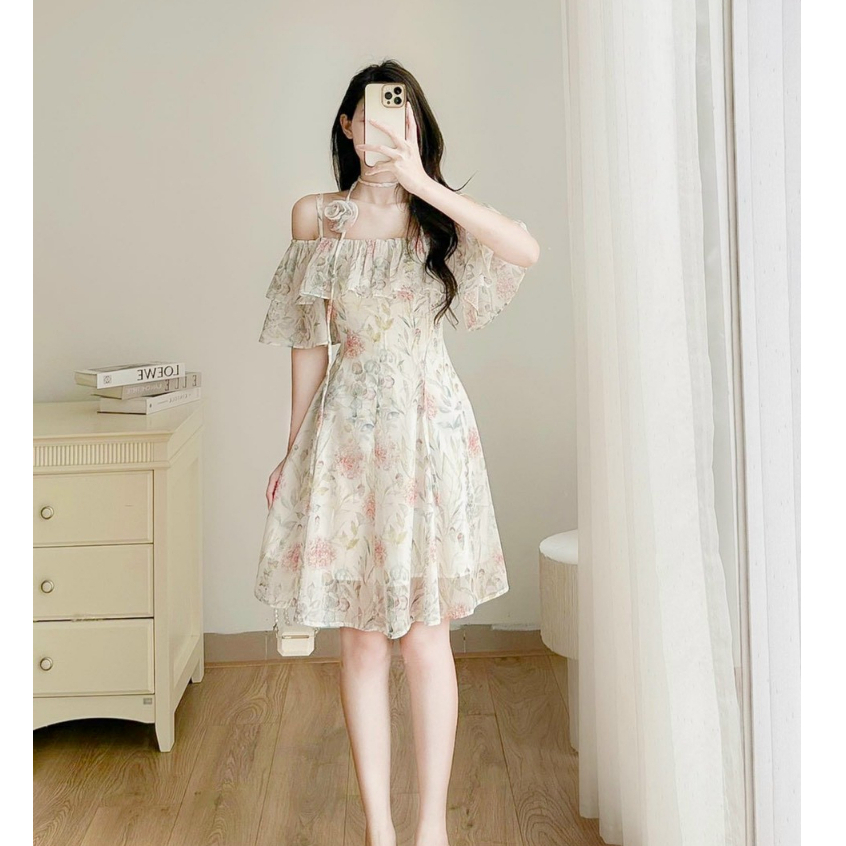Flower Decorated 2-Layer midi Spaghetti straps Women'S Fashion Dress ...