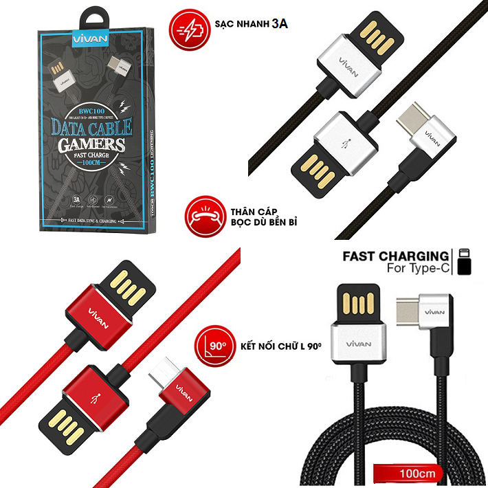 Gaming Fast Charging Cable 3A, Type-C, Vivan Bwc100, L Port, 1 Meter ...