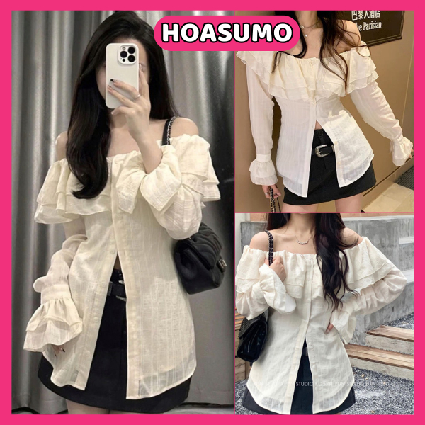 Korean lady long-sleeved off shoulder long-sleeved women's shirt, off ...