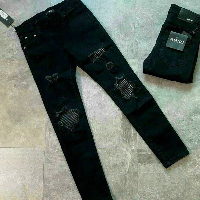 thumbnail image 2 of Mens Black Skinny Fit Stretch Jeans - Knee Hole Ripped With Paisley Patchwork, Punk & Biker Style 2 of 5