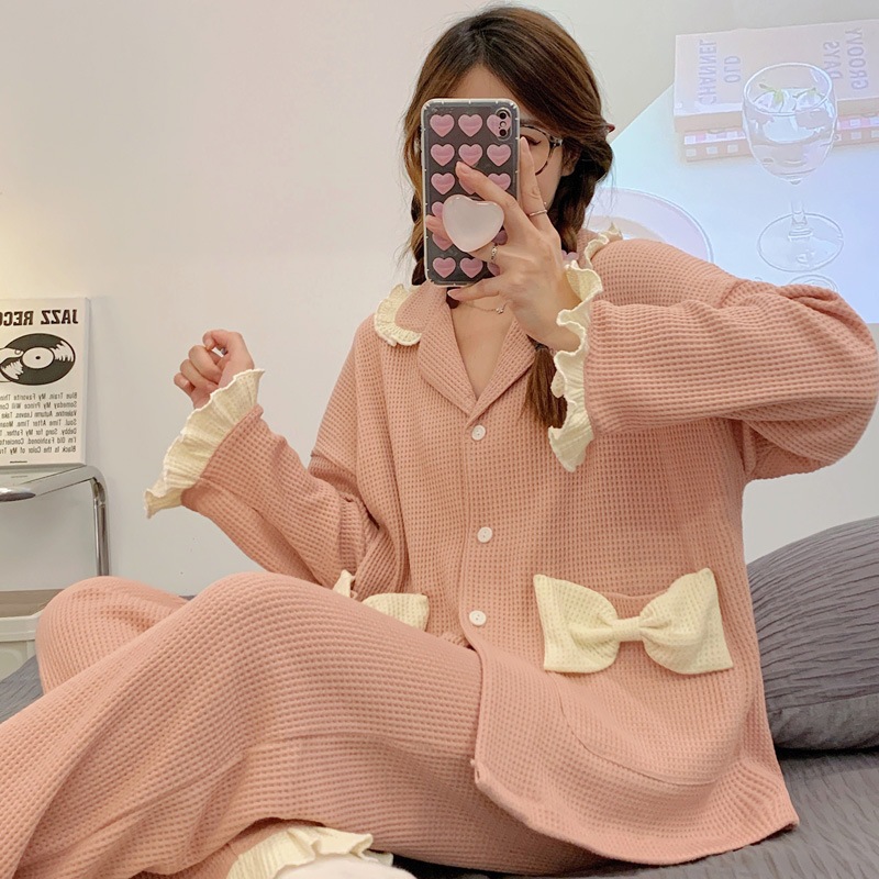 Women's Long-Sleeved German Collar Pajamas Set High Quality Waffle with ...