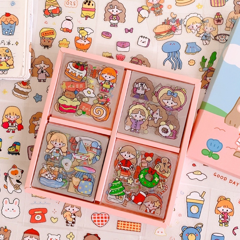 Box of 100 transparent stickers of girls and cute cartoons (Random ...