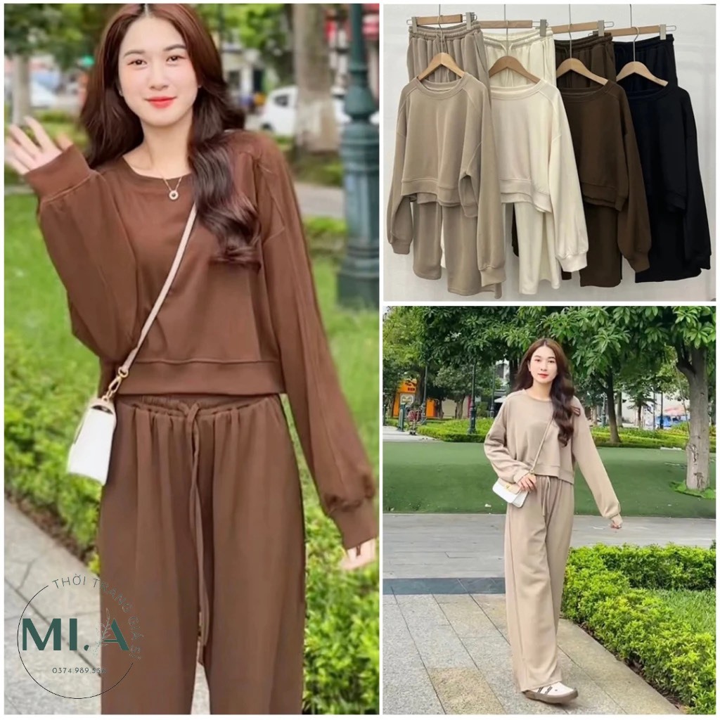 Round neck longsleeved crop top and soft wideleg pants set Shopee