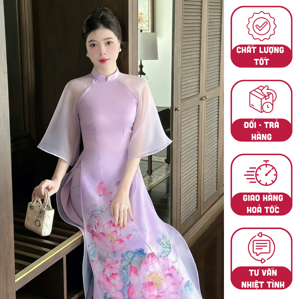 Innovative women's ao dai purple soft organza silk material luxurious ...