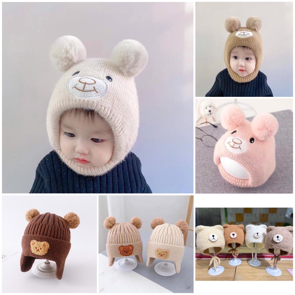 [Genuine] Warm Winter Earplugs Woolen Hats For Babies With Cute Teddy ...