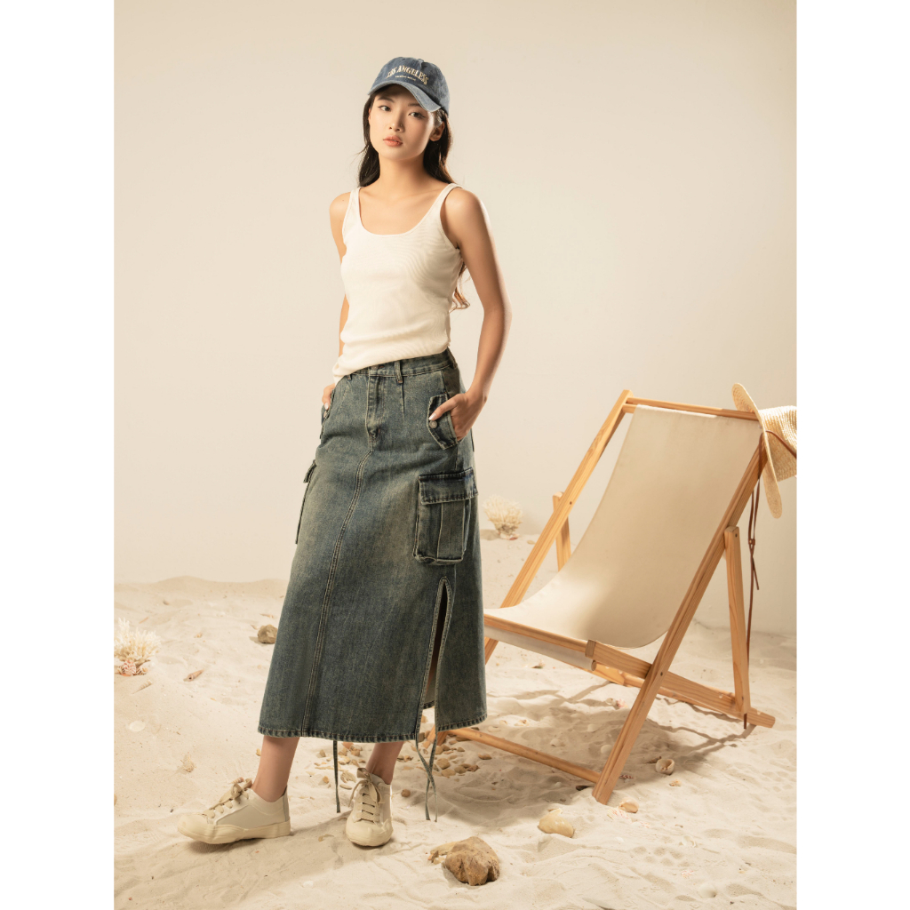 Long jeans skirt with 2-sided split box pockets with soft and smooth ...