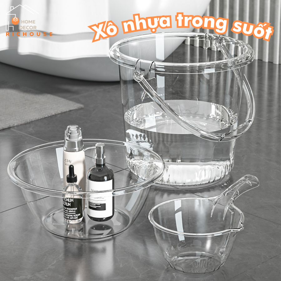 Plastic bucket with lid, 14L capacity, water ladle, transparent plastic ...