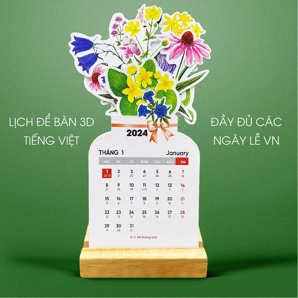 Desktop Calendar 2024 3D with cute Vietnamese flower Vase full of
