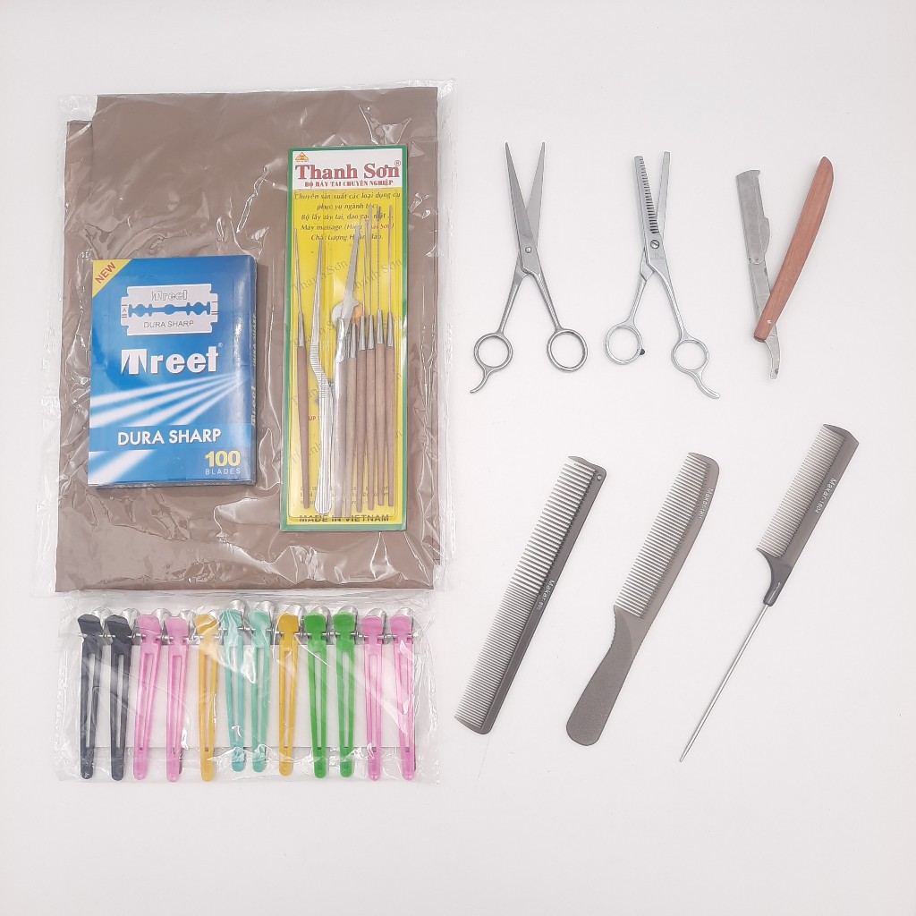 Barber Combo: Scissors + Pruning Scissors + Razor + Gown + 3 Combs ...