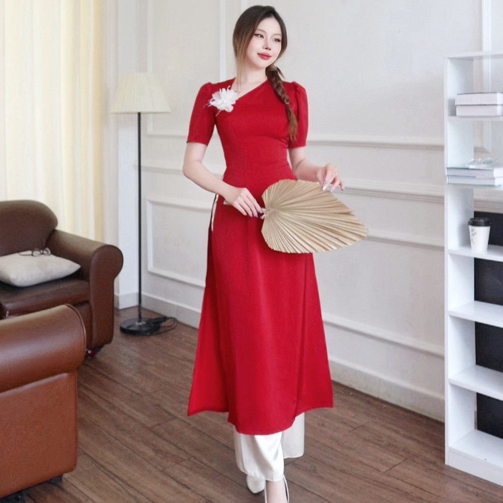 Ao dai designed with slanted neck and short sleeves made of high ...