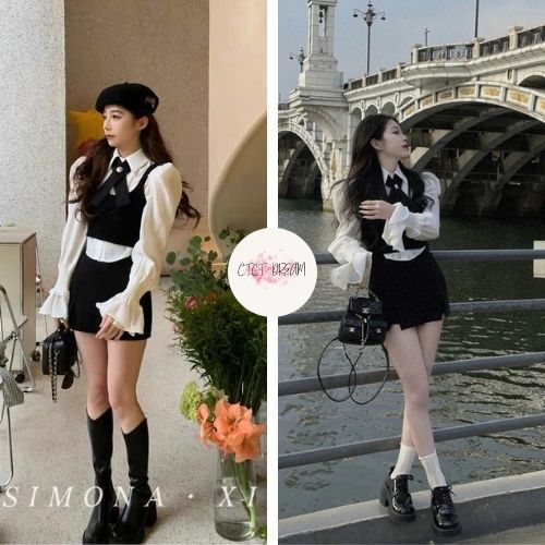 Evening Set 4 Piece Chunky Sleeve Shirt Mixed Gile with A-Line Skirt ...