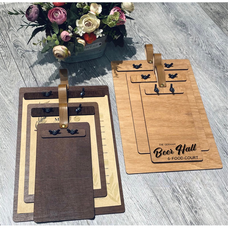 Wooden MENU with paper clip / Wooden MENU with leather clip size A4 A5 ...