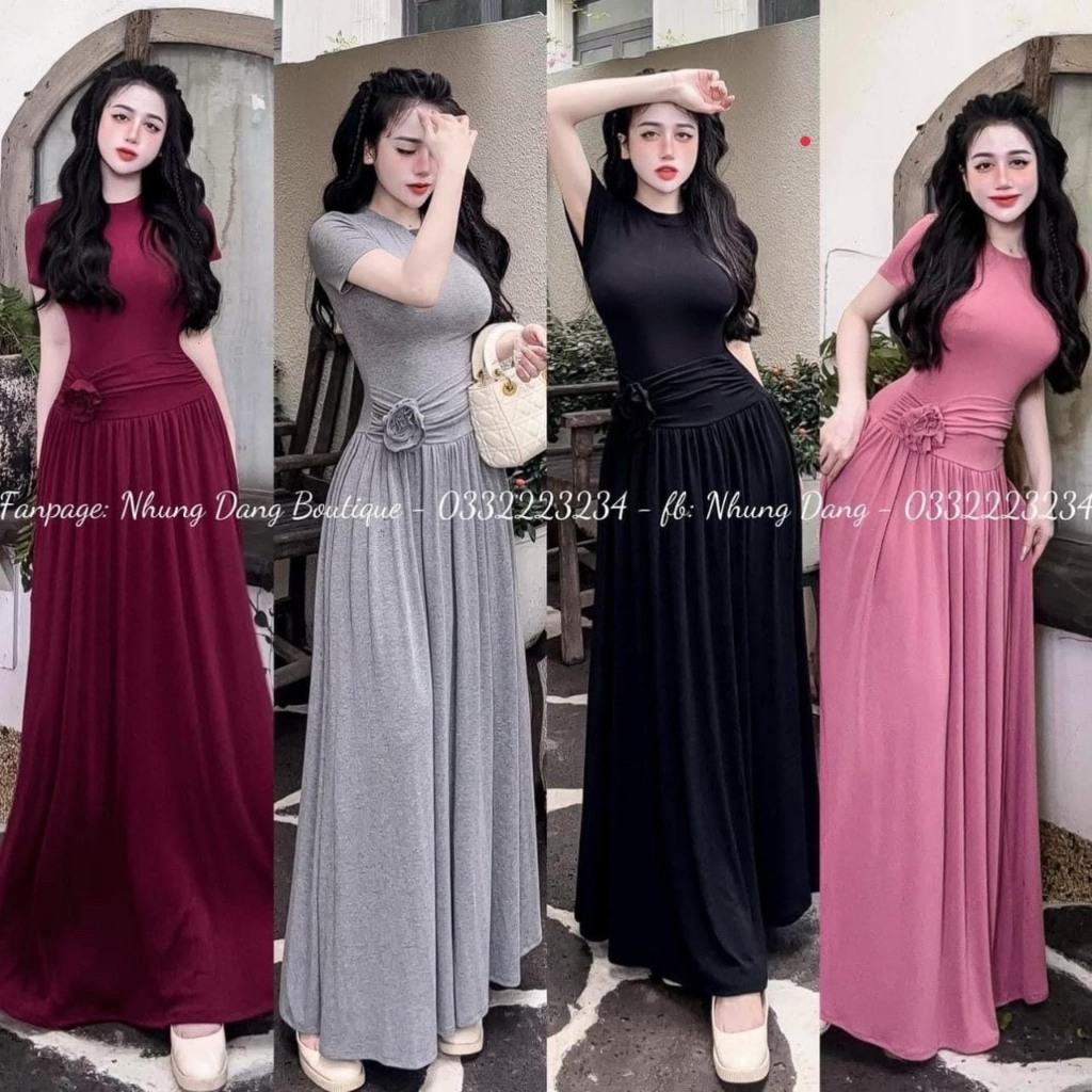 Women's Maxi Bodysuit Short Sleeve Pleated Flared Dress with Rose